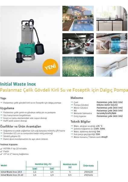 Waste Inox 18.8 Foseptik Pompası 1,5 Hp - 1 1/2''