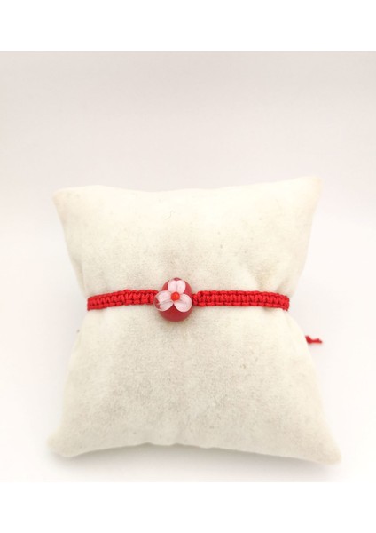 Kırmızı Murano Çiçek Makrome Örgü Bileklik Ipli