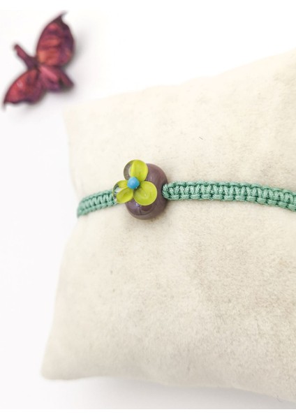 Gri Murano Çiçek Makrome Örgü Bileklik Ipli