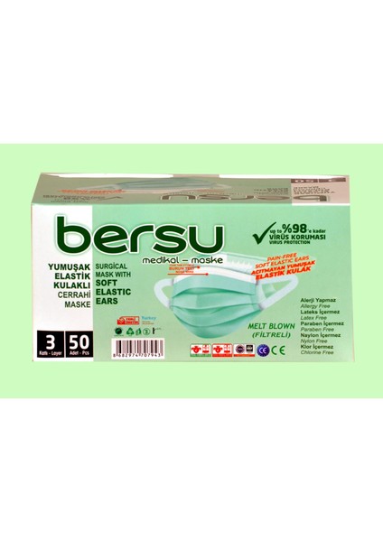 Bersu Maske Meltblown Filtreli 3 Katlı Yumuşak Elastik Kulaklı Yeni Nesil Cerrahi Maske 40 Kutu 2000 Adet Siyah