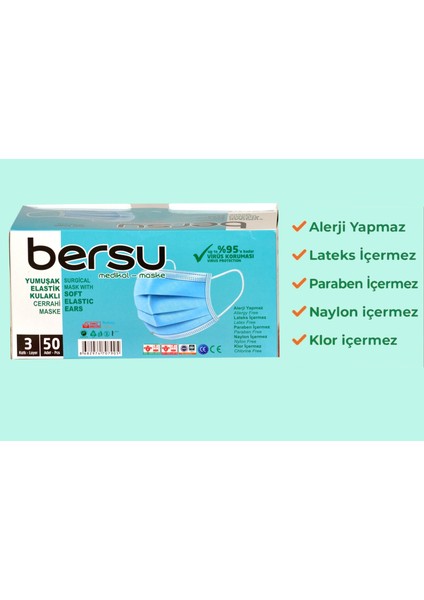 Bersu Maske Meltblown Filtreli 3 Katlı Ipli Cerrahi Maske 250 Adet Beyaz