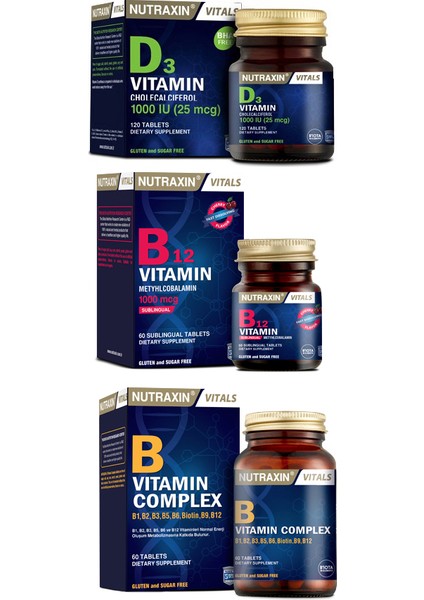 B Vitamin Complex 60 Tablet +D3 Vitamini 1000 Iu 120 Tablet + B12 Vitamini 60 Dilaltı Tableti