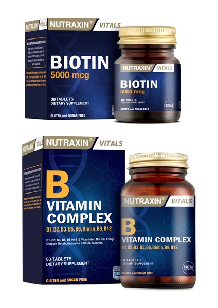 B1, B2, B3, B5, B6, B12 Içeren B Vitamin Complex 60 Tablet + Biotin 5000 Mcg 30 Tablet