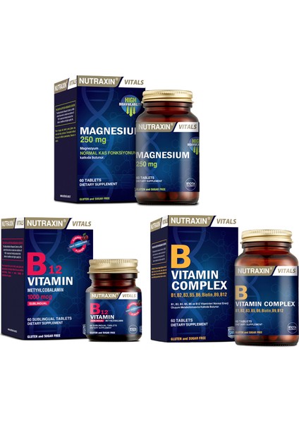 Magnzeyum Takviyesi 60 Tablet + B12 Vitamini 60 Dilaltı Tableti+ B Vitaminini 60 Tablet