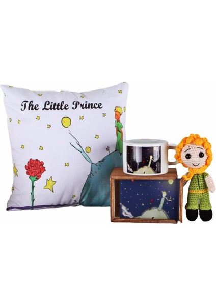 Küçük Prens Üçlü Set Amigurumi Küçük Prens 16 cm Küçük Prens Kutulu Kupa Yastık Seti
