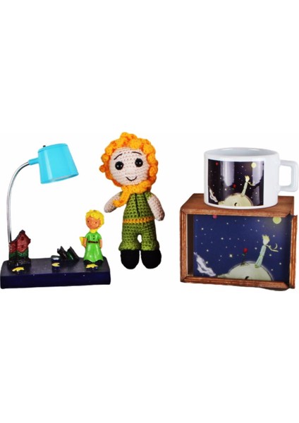 Küçük Prens Üçlü Set Amigurumi 16 cm Küçük Prens Oyuncak Küçük Prens Kutulu Kupa Işıklı Biblo Set