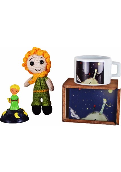 Küçük Prens Üçlü Set Amigurumi Küçük Prens 16 cm Oyuncak Küçük Prens Kutulu Kupa Biblo Set