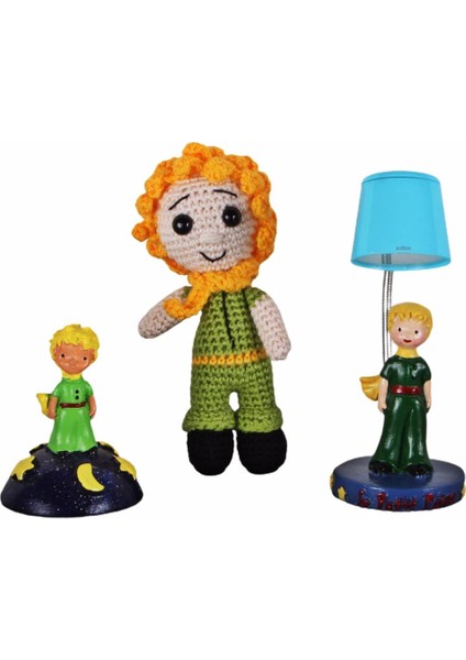 Küçük Prens Üçlü Set Amigurumi Küçük Prens 16 cm Oyuncak Küçük Prens Biblo ve Işıklı Biblo Set