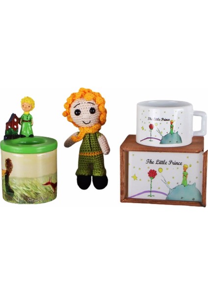 Küçük Prens Üçlü Set Amigurumi Küçük Prens 16 cm Oyuncak Küçük Prens Kutulu Kupa Kalemlik Set