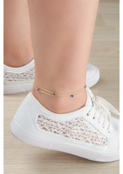 Gümüş Altın Kaplama Nazar Boncuğu Çift Zincirli Halhal