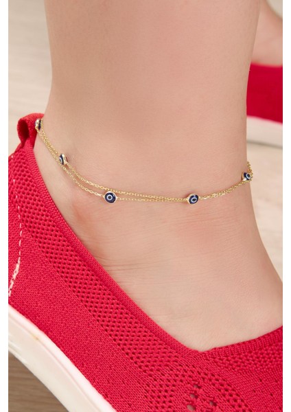 Gümüş Altın Kaplama Nazar Boncuğu Çift Zincirli Halhal fiyatları