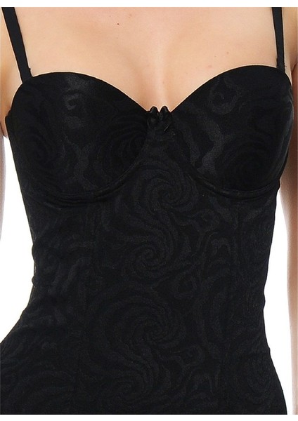 9265 Desenli Kumaşlı Uzun Büstiyer - Siyah