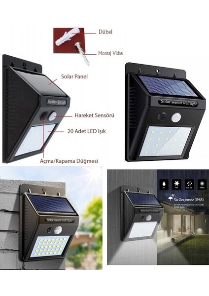 1 Adet 20 Ledli Hareket Sensörlü Güneş Enerjili Solar LED Duvar Aydınlatma Dış Bahçe Mekan fiyatları