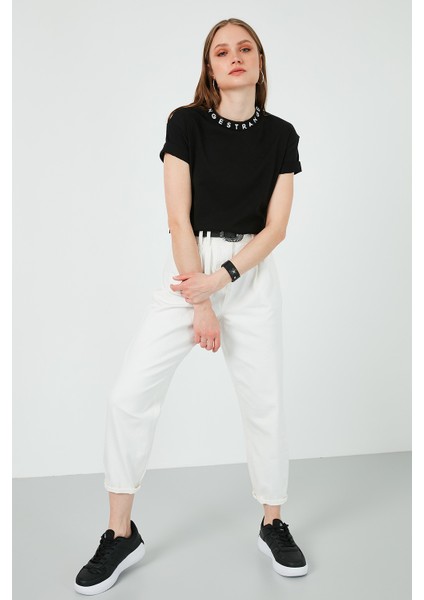 Yakası Baskılı Bisiklet Yaka Basic Örme T Shirt Kadın T Shirt 5864054