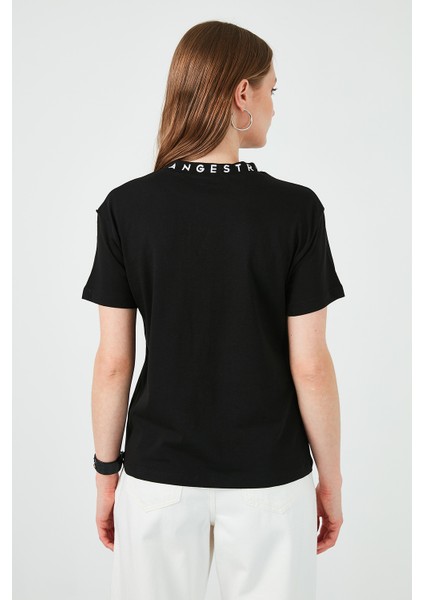 Yakası Baskılı Bisiklet Yaka Basic Örme T Shirt Kadın T Shirt 5864054