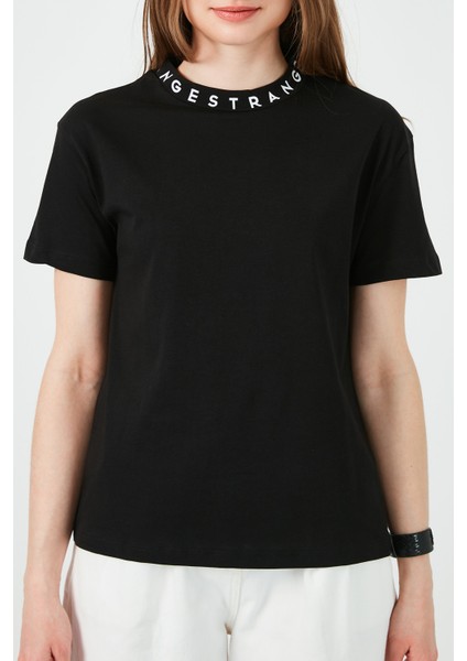 Yakası Baskılı Bisiklet Yaka Basic Örme T Shirt Kadın T Shirt 5864054