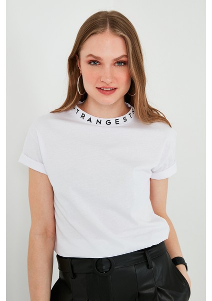 Yakası Baskılı Bisiklet Yaka Basic Örme Tshirt Kadın Tshirt 5864054
