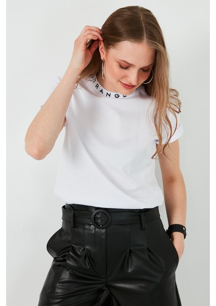 Yakası Baskılı Bisiklet Yaka Basic Örme Tshirt Kadın Tshirt 5864054