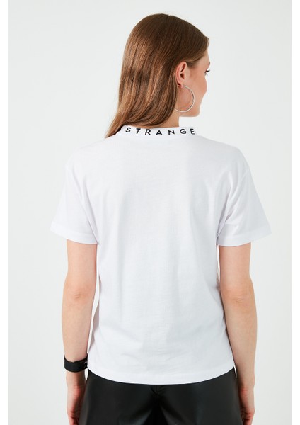 Yakası Baskılı Bisiklet Yaka Basic Örme Tshirt Kadın Tshirt 5864054