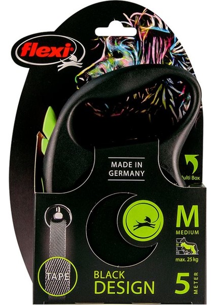 Black Design Şeritli Otomatik Gezdirme Tasması Yeşil-Siyah 5m Medium