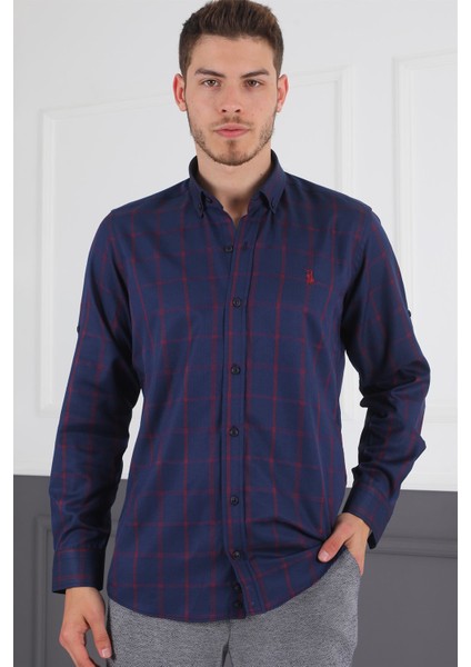 G719 Dewberry Erkek Gömlek-Lacivert- Bordo