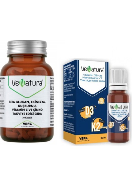 Beta Glukan, Vitamin C ve Çinko Takviye Edici Gıda 30 Kapsül + D3 K2 Vitamini 20 ml Damla