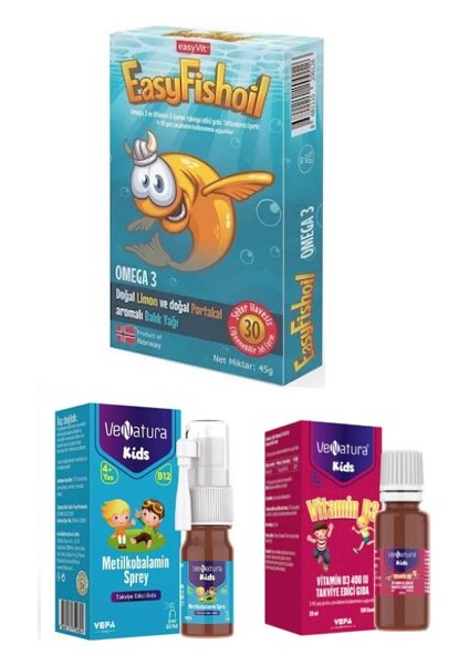 Çocuk Vitamin SET-B12 Vitamini 5 ml Sprey+D3 Vitamini 20 ml Damla+Easyvit Omega 3 30 Jel Tablet