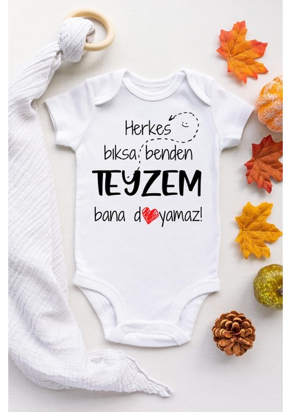 Unisex Bebek Beyaz Teyzem Bana Doyamaz Çıtçıtlı Kısa Kol Body Zıbın
