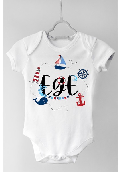 Unisex Bebek Beyaz Deniz Temalı Ege Çıtçıtlı Kısa Kol Body Zıbın