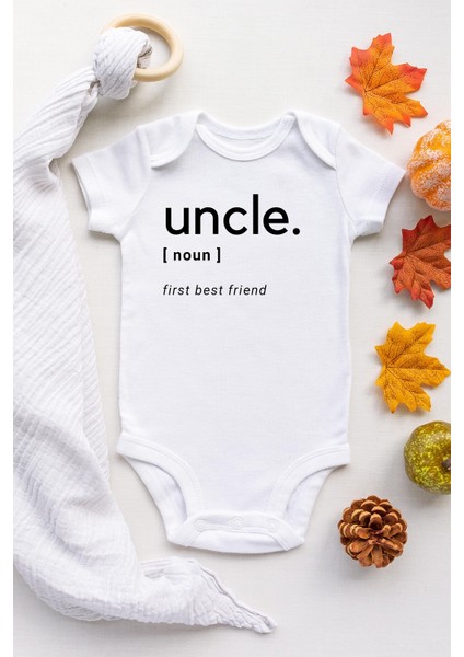Unisex Bebek Beyaz Uncle Dictionary Kısa Kollu Pamuklu Çıtçıtlı Body