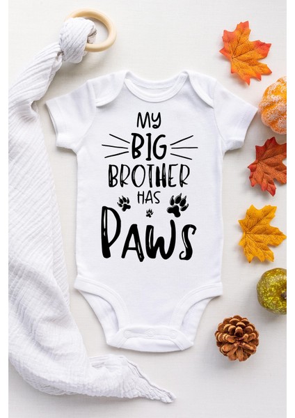 Unisex Bebek Beyaz Brother Paws Kısa Kol Çıtçıtlı Body Zıbın