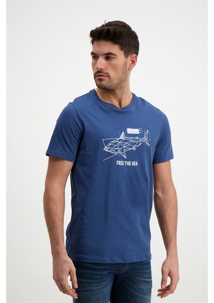Erkek Baskılı Lacivert Bisiklet Yaka T-Shirt