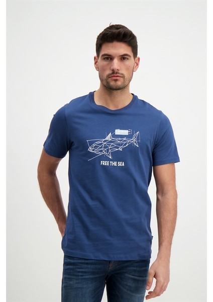 Erkek Baskılı Lacivert Bisiklet Yaka T-Shirt