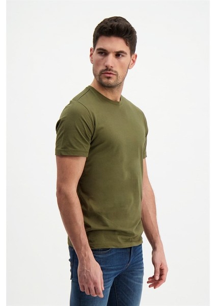 Erkek Haki Bisiklet Yaka Basic T-Shirt