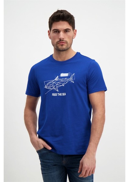 Erkek Baskılı Sax Mavi Bisiklet Yaka T-Shirt