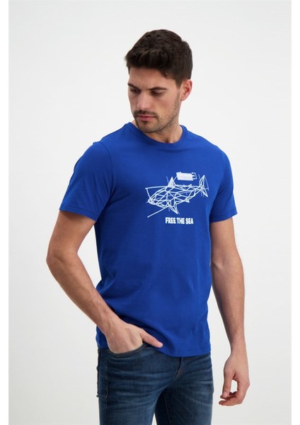 Erkek Baskılı Sax Mavi Bisiklet Yaka T-Shirt
