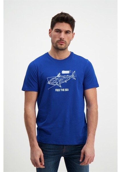 Erkek Baskılı Sax Mavi Bisiklet Yaka T-Shirt