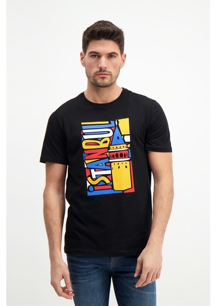 Erkek Istanbul Baskılı Siyah Bisiklet Yaka T-Shirt