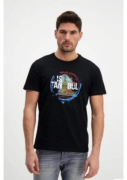 Erkek Istanbul Baskılı Siyah Bisiklet Yaka T-Shirt