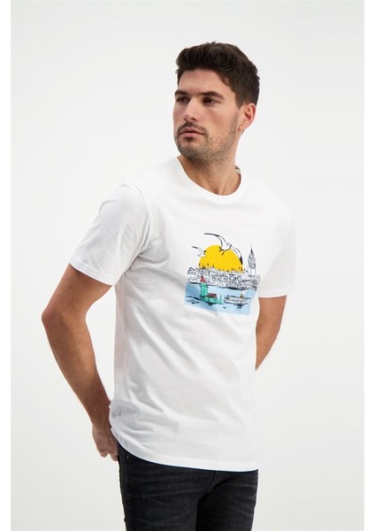 Erkek Istanbul Baskılı Beyaz Bisiklet Yaka T-Shirt