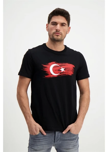 Erkek Bisiklet Yaka Baskılı T-Shirt %100 Pamuk Tişört