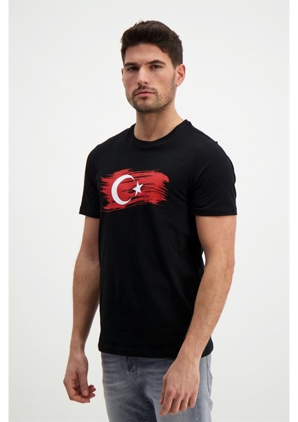 Erkek Bisiklet Yaka Baskılı T-Shirt %100 Pamuk Tişört