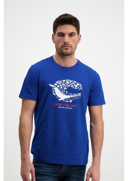 Erkek Bisiklet Yaka Baskılı Sax Mavi T-Shirt