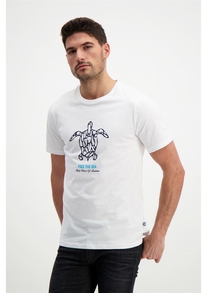 Erkek Bisiklet Yaka Baskılı Beyaz T-Shirt