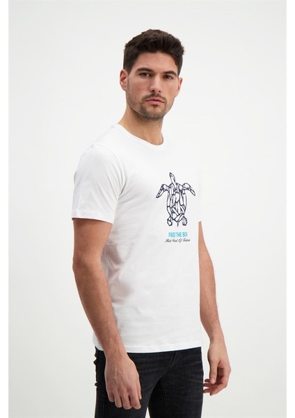 Erkek Bisiklet Yaka Baskılı Beyaz T-Shirt