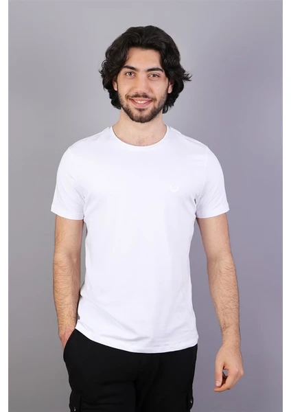 Erkek Logo Baskılı Bisiklet Yaka Beyaz T-Shirt