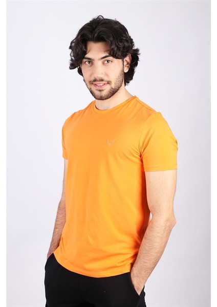 Erkek Logo Baskılı Bisiklet Yaka Oranj T-Shirt