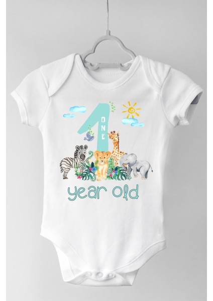 Unisex Bebek Beyaz 1 Yaş Safari Çıtçıtlı Body Zıbın