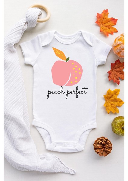 Unisex Bebek Beyaz Şeftali Kısa Kollu Pamuklu Çıtçıtlı Body