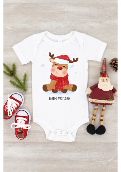 Unisex Bebek Beyaz Sevimli Geyik Kısa Kol Çıtçıtlı Body